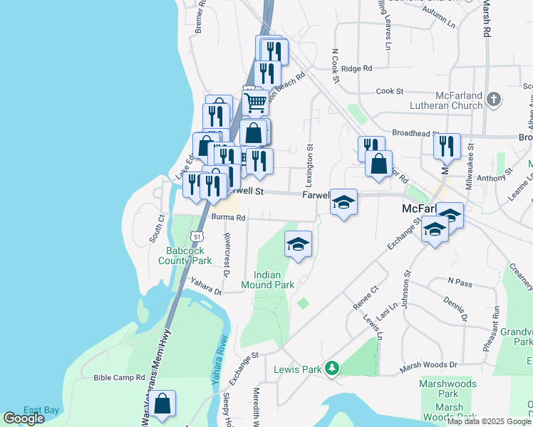 map of restaurants, bars, coffee shops, grocery stores, and more near 4802 Burma Road in McFarland