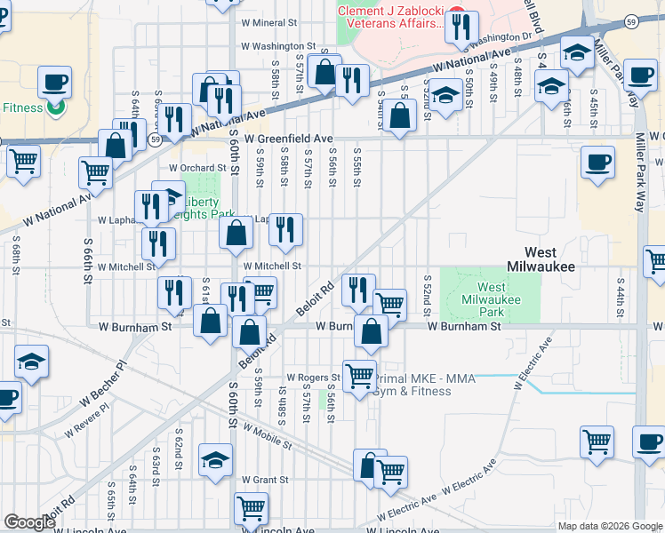 map of restaurants, bars, coffee shops, grocery stores, and more near W Mitchell St & S 56th St in West Milwaukee