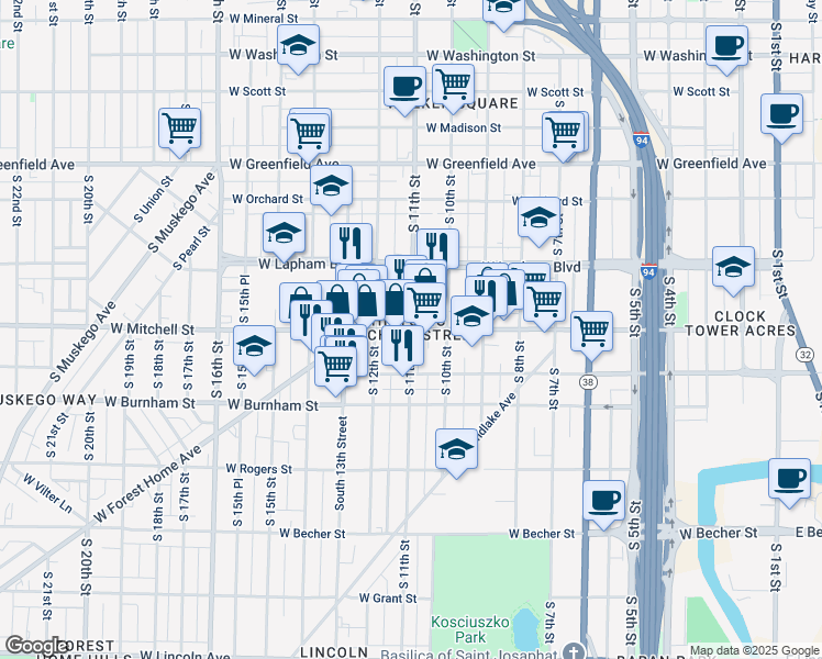 map of restaurants, bars, coffee shops, grocery stores, and more near S 11th St & W Historic Mitchell St in Milwaukee