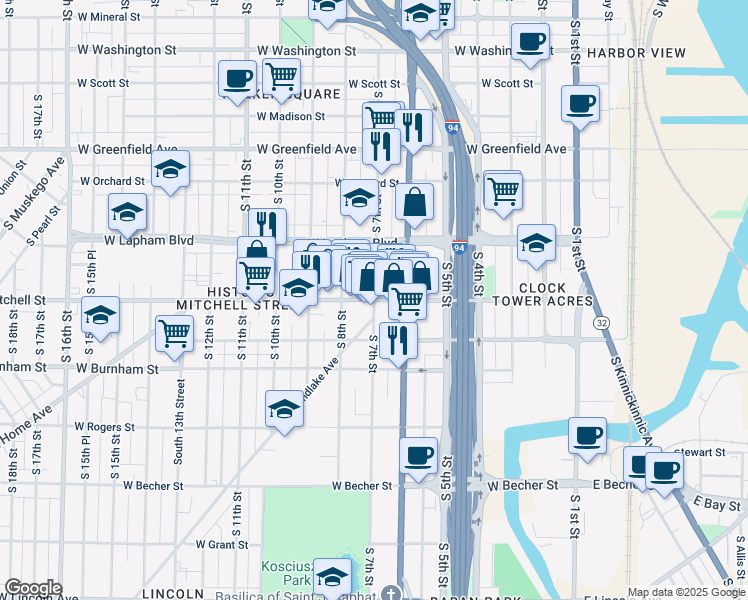 map of restaurants, bars, coffee shops, grocery stores, and more near W Historic Mitchell St & S 7th St in Milwaukee