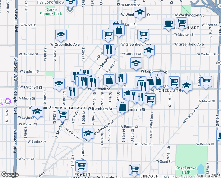 map of restaurants, bars, coffee shops, grocery stores, and more near W Mitchell St & S 17th St in Milwaukee