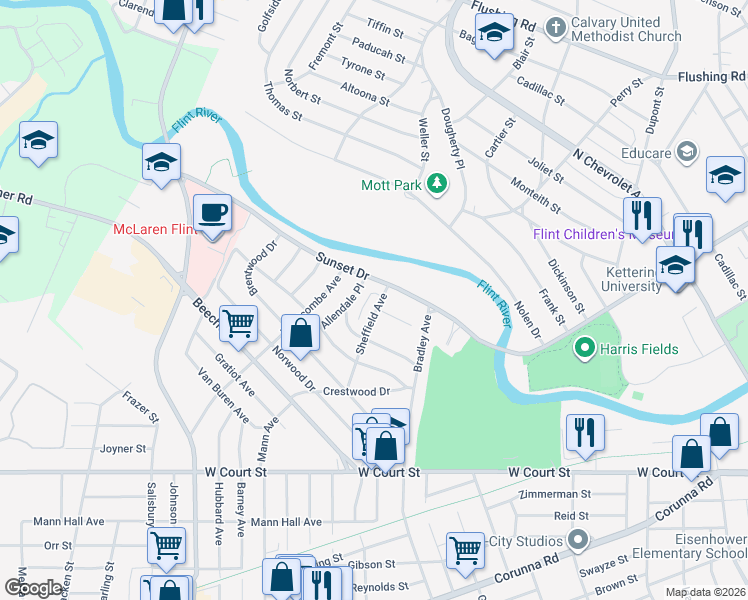 map of restaurants, bars, coffee shops, grocery stores, and more near 308 Sheffield Avenue in Flint