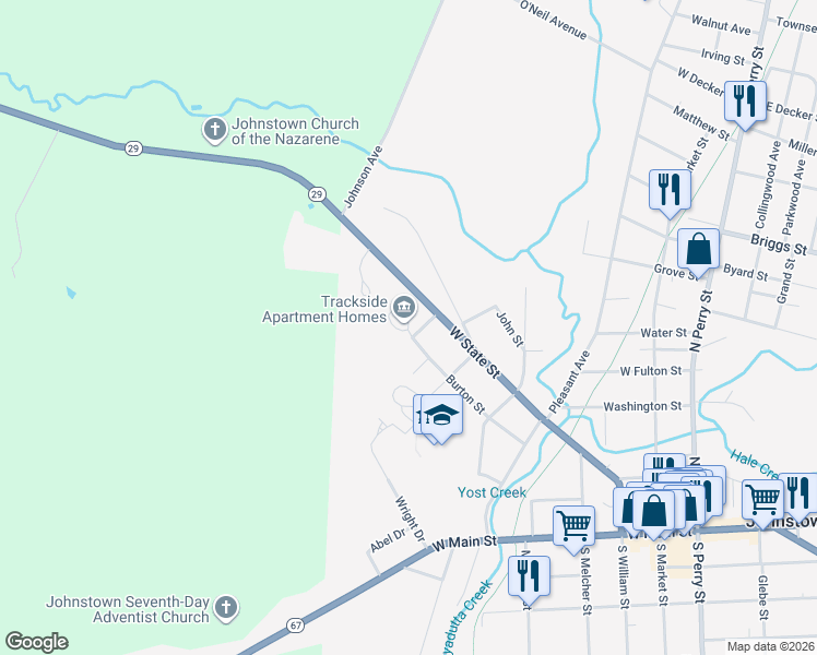 map of restaurants, bars, coffee shops, grocery stores, and more near 4 Robin Circle in Johnstown