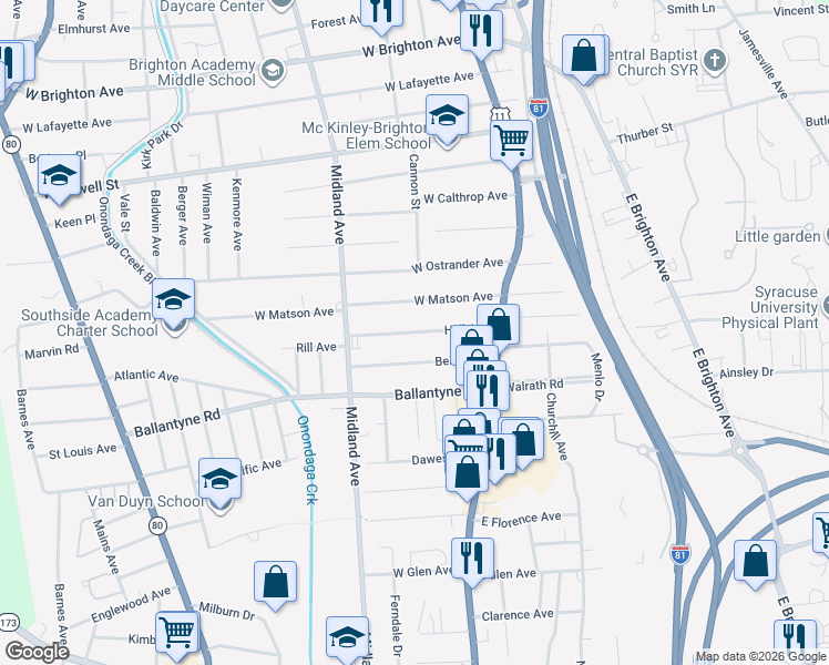 map of restaurants, bars, coffee shops, grocery stores, and more near in Syracuse