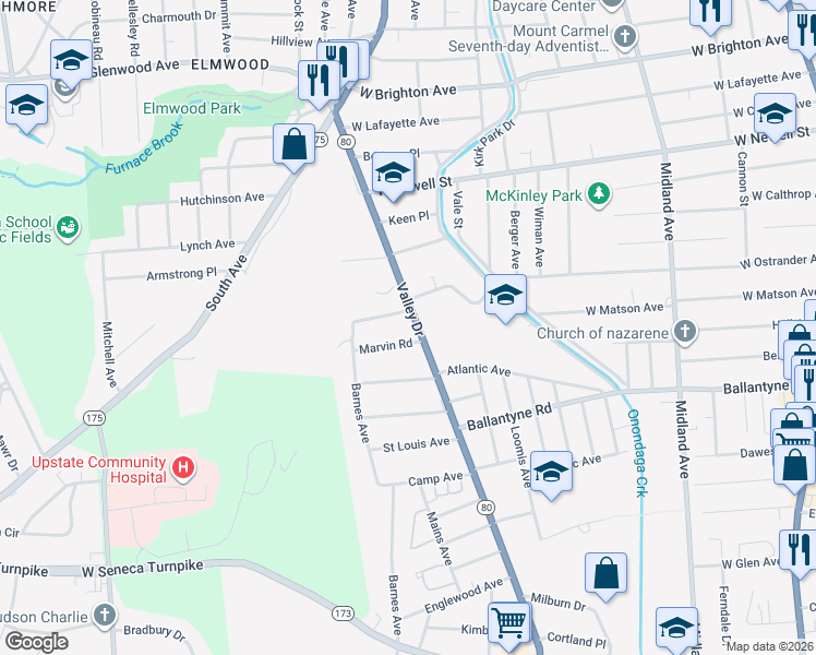 map of restaurants, bars, coffee shops, grocery stores, and more near 506 Valley Drive in Syracuse
