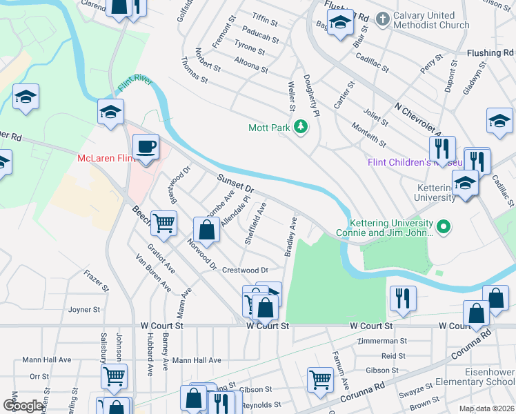 map of restaurants, bars, coffee shops, grocery stores, and more near 308 Sheffield Avenue in Flint