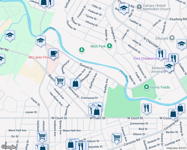 map of restaurants, bars, coffee shops, grocery stores, and more near 308 Sheffield Avenue in Flint
