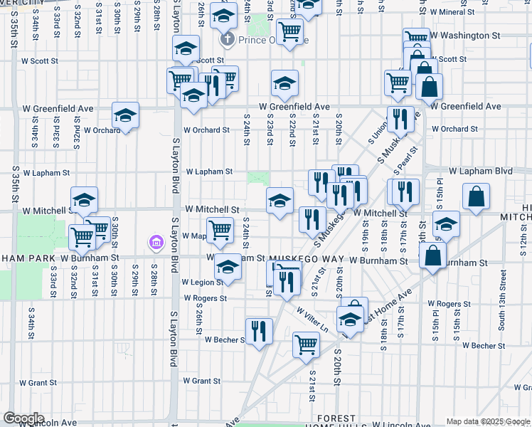 map of restaurants, bars, coffee shops, grocery stores, and more near 2236 West Mitchell Street in Milwaukee