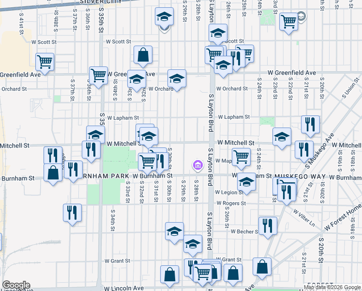map of restaurants, bars, coffee shops, grocery stores, and more near 2914 West Mitchell Street in Milwaukee