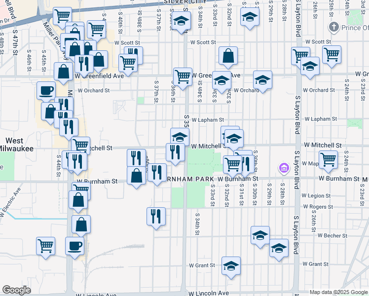 map of restaurants, bars, coffee shops, grocery stores, and more near 3526 West Mitchell Street in Milwaukee