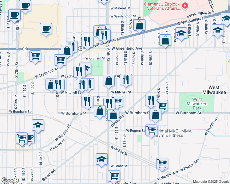 map of restaurants, bars, coffee shops, grocery stores, and more near in West Allis