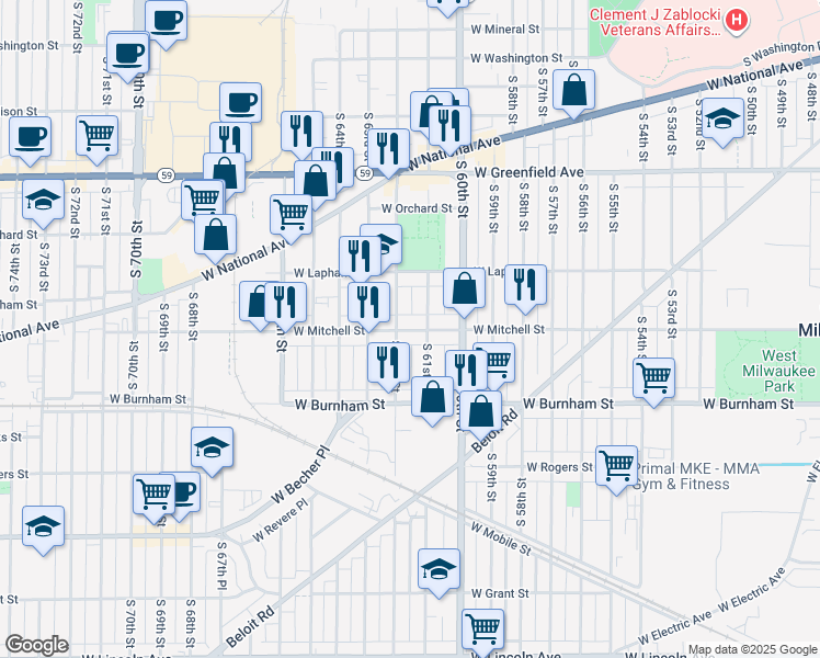 map of restaurants, bars, coffee shops, grocery stores, and more near 6200 West Mitchell Street in West Allis