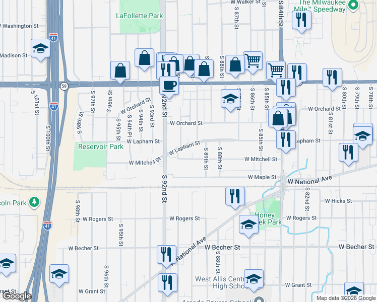 map of restaurants, bars, coffee shops, grocery stores, and more near 1620 South 90th Street in West Allis