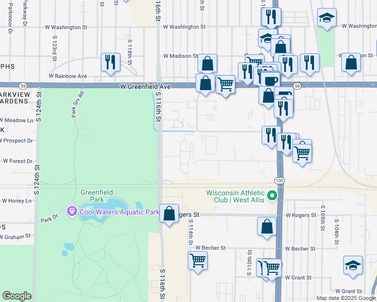 map of restaurants, bars, coffee shops, grocery stores, and more near 1672 South 115 Court in West Allis