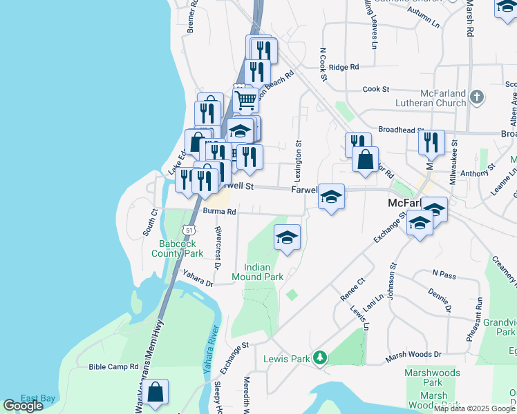 map of restaurants, bars, coffee shops, grocery stores, and more near 4802 Burma Road in McFarland