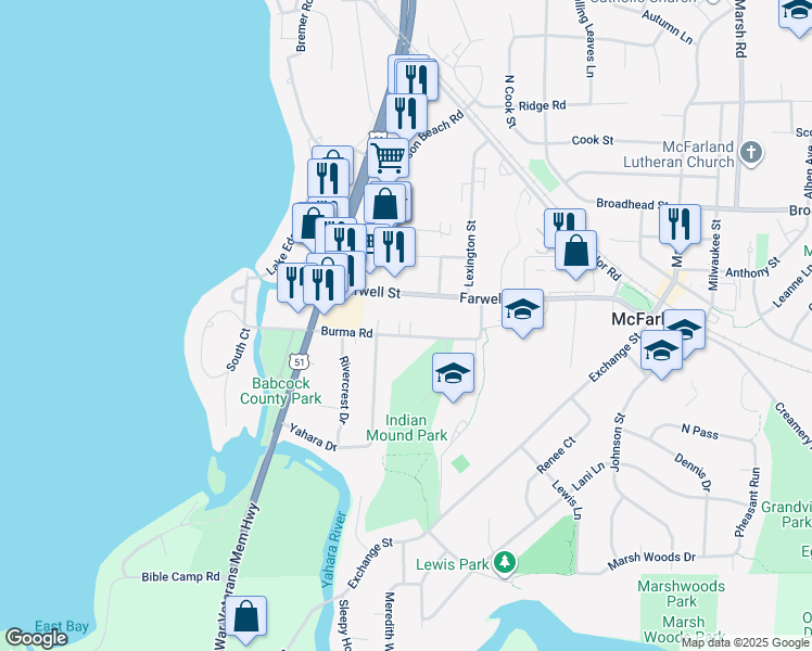 map of restaurants, bars, coffee shops, grocery stores, and more near 4802 Burma Road in McFarland