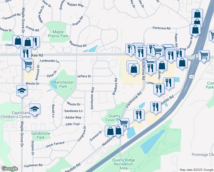 map of restaurants, bars, coffee shops, grocery stores, and more near 6105 Thornebury Drive in Madison