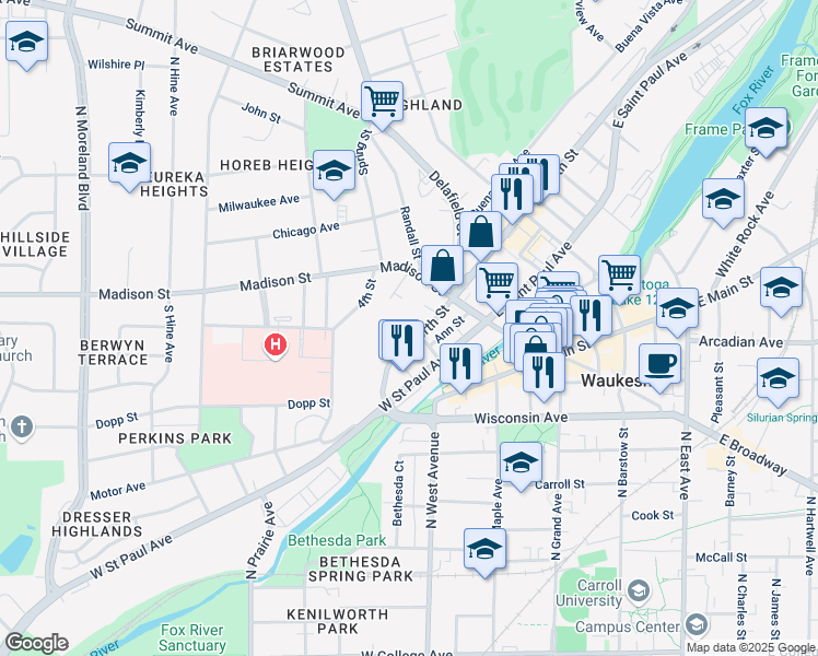 map of restaurants, bars, coffee shops, grocery stores, and more near 134 West North Street in Waukesha