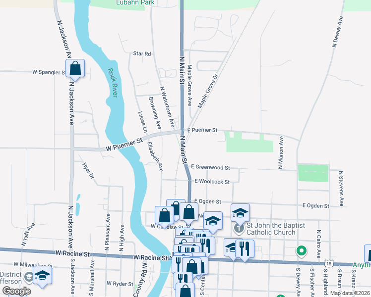 map of restaurants, bars, coffee shops, grocery stores, and more near 646 North Rail Avenue in Jefferson