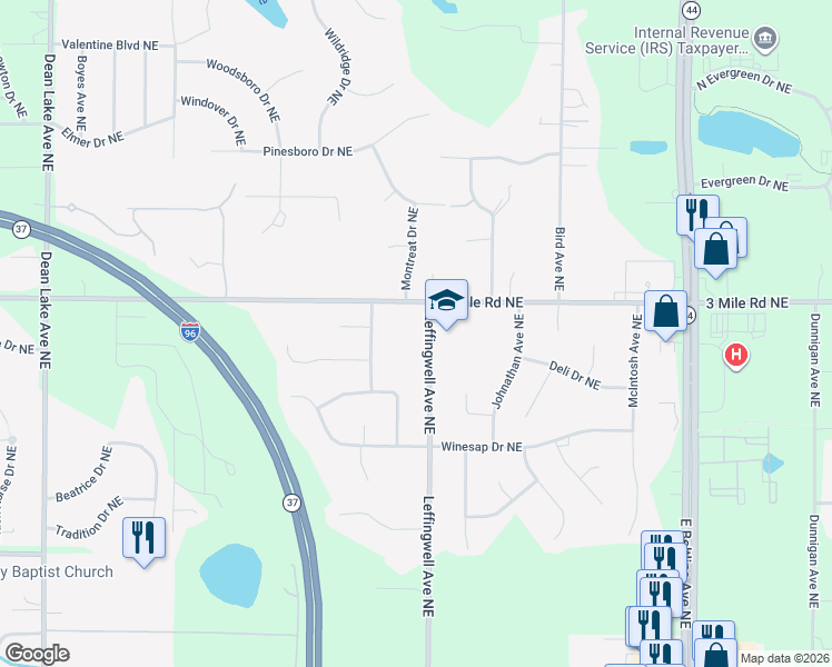 map of restaurants, bars, coffee shops, grocery stores, and more near 2777 Leffingwell Avenue Northeast in Grand Rapids