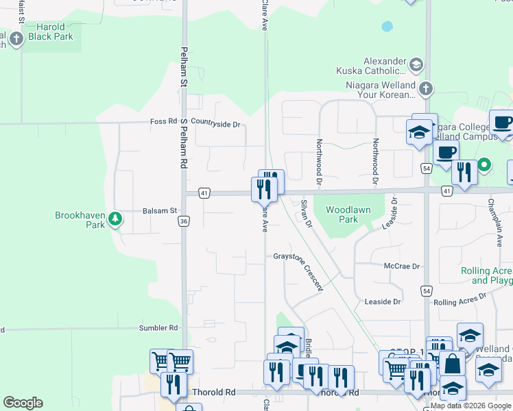 map of restaurants, bars, coffee shops, grocery stores, and more near 781 Clare Avenue in Welland