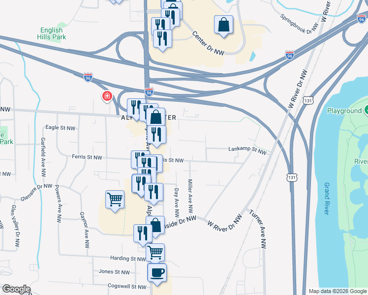 map of restaurants, bars, coffee shops, grocery stores, and more near 650 Lankamp St NW in Grand Rapids