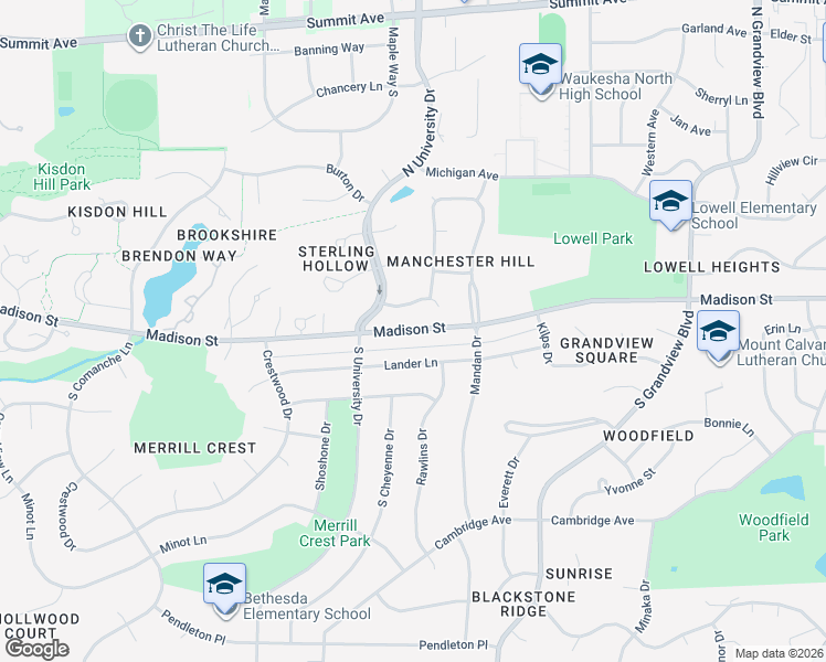 map of restaurants, bars, coffee shops, grocery stores, and more near 2511 Madison Street in Waukesha