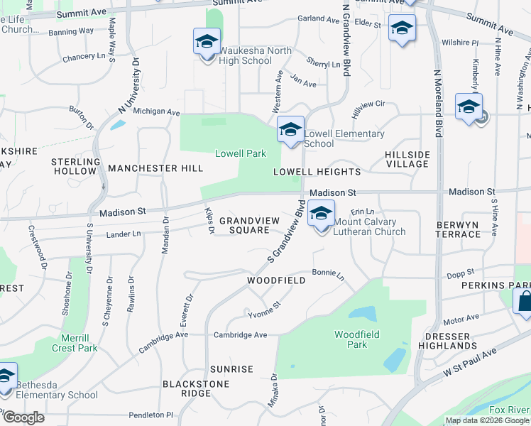 map of restaurants, bars, coffee shops, grocery stores, and more near 102 Kilps Court East in Waukesha