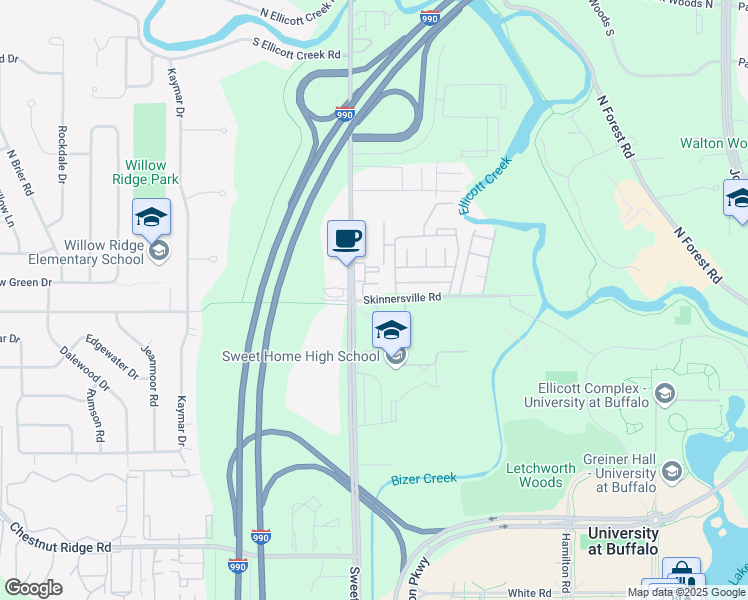 map of restaurants, bars, coffee shops, grocery stores, and more near 672 Skinnersville Road in Buffalo