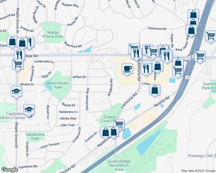 map of restaurants, bars, coffee shops, grocery stores, and more near 6105 Thornebury Drive in Madison