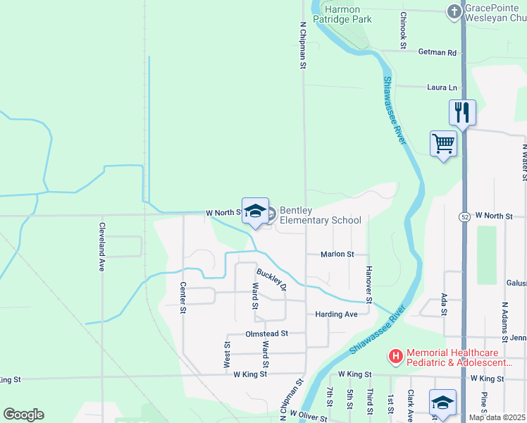 map of restaurants, bars, coffee shops, grocery stores, and more near 1375 West North Street in Owosso