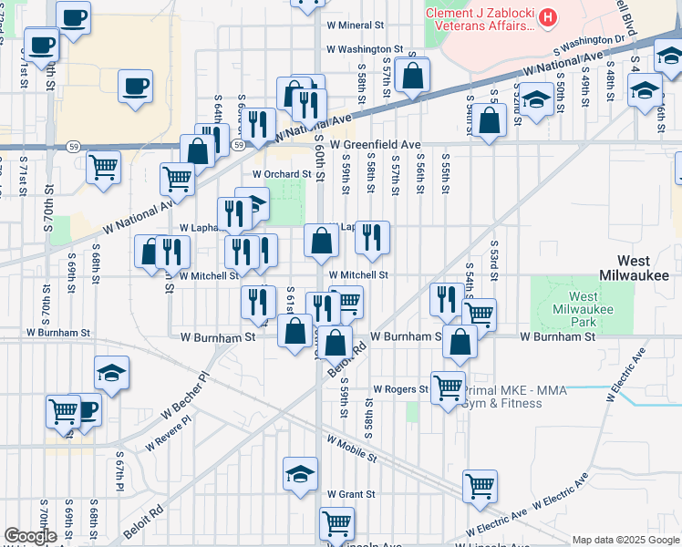 map of restaurants, bars, coffee shops, grocery stores, and more near in West Allis