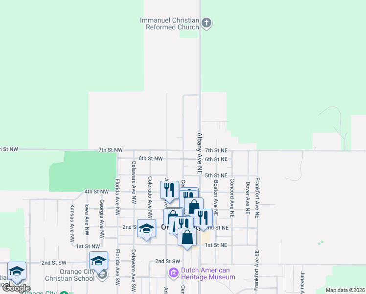 map of restaurants, bars, coffee shops, grocery stores, and more near 704 Central Avenue Northwest in Orange City
