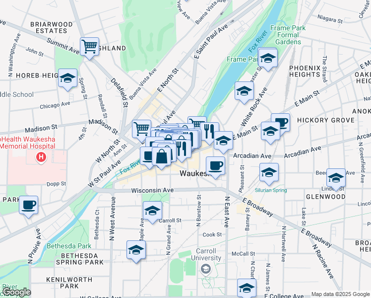 map of restaurants, bars, coffee shops, grocery stores, and more near 220 West Main Street in Waukesha