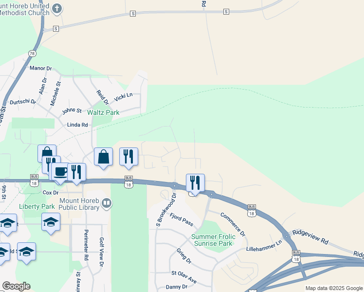 map of restaurants, bars, coffee shops, grocery stores, and more near 217 Brookwood Drive in Mount Horeb