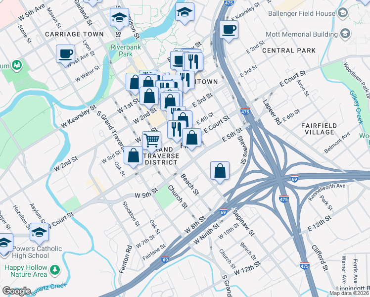 map of restaurants, bars, coffee shops, grocery stores, and more near 920 South Saginaw Street in Flint