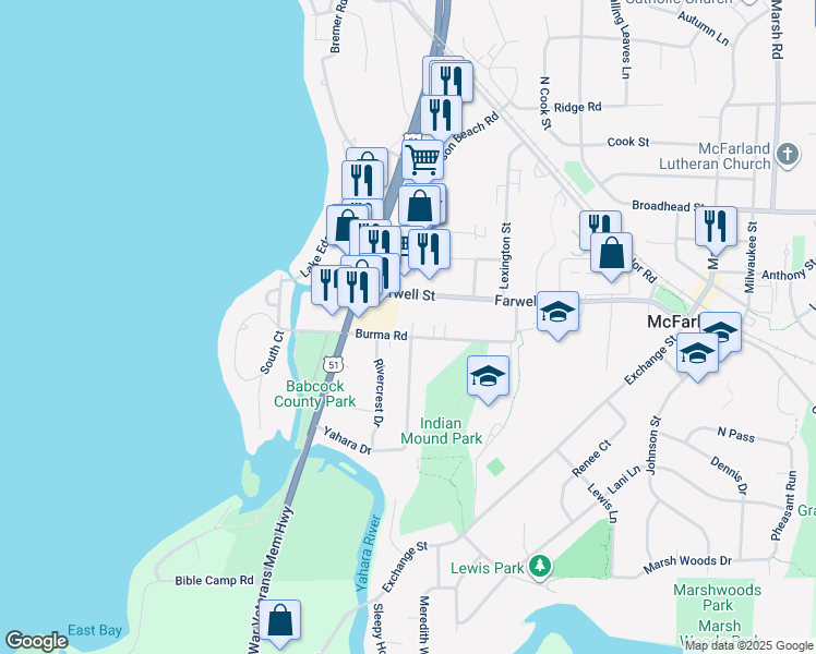 map of restaurants, bars, coffee shops, grocery stores, and more near 4716 Burma Road in McFarland