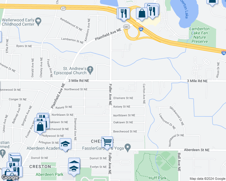 map of restaurants, bars, coffee shops, grocery stores, and more near 2728 Fuller Avenue Northeast in Grand Rapids