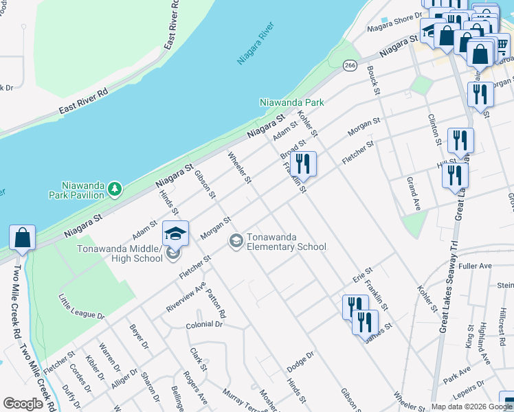 map of restaurants, bars, coffee shops, grocery stores, and more near 491 Morgan St in Tonawanda