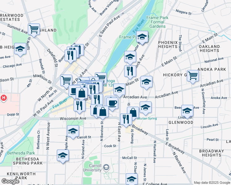 map of restaurants, bars, coffee shops, grocery stores, and more near 101 West Main Street in Waukesha