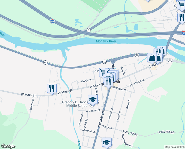 map of restaurants, bars, coffee shops, grocery stores, and more near 25 Towpath Lane in Mohawk
