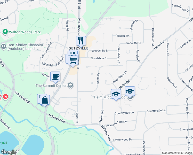 map of restaurants, bars, coffee shops, grocery stores, and more near 8 Squire Ct in Getzville