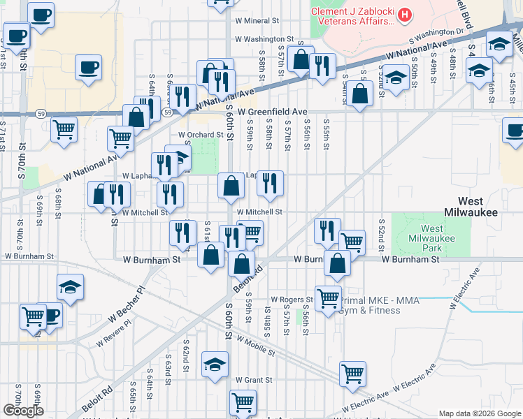 map of restaurants, bars, coffee shops, grocery stores, and more near 812 West Mitchell Street in West Allis