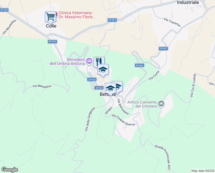 map of restaurants, bars, coffee shops, grocery stores, and more near Via Circonvallazione San Crispolto in Provincia di Perugia