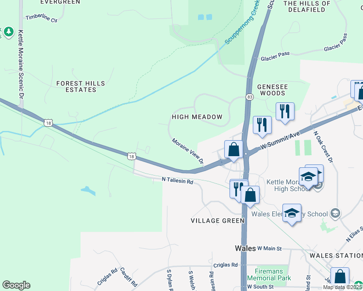 map of restaurants, bars, coffee shops, grocery stores, and more near Moraine View Drive in Delafield