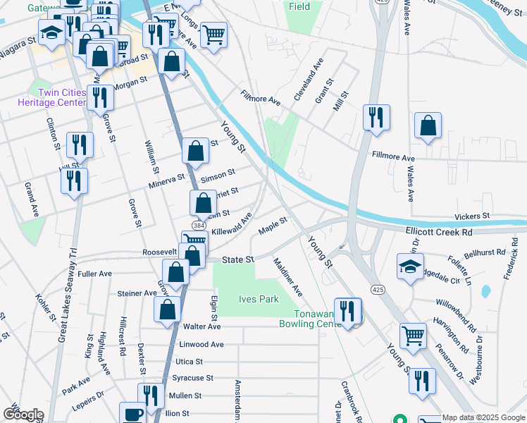 map of restaurants, bars, coffee shops, grocery stores, and more near 32 Glenwood Avenue in Tonawanda