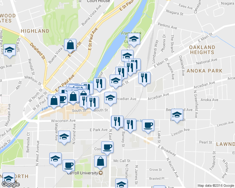 map of restaurants, bars, coffee shops, grocery stores, and more near 912 Pleasant St in Waukesha