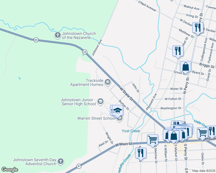 map of restaurants, bars, coffee shops, grocery stores, and more near 7 Robin Circle in Johnstown