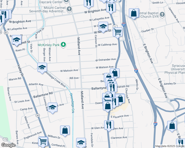 map of restaurants, bars, coffee shops, grocery stores, and more near 210 Hall Avenue in Syracuse