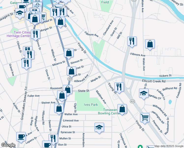map of restaurants, bars, coffee shops, grocery stores, and more near 32 Glenwood Avenue in Tonawanda